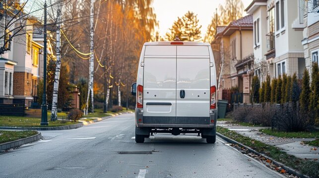 Commercial van delivers cargo to suburban custmers. Shipping parcels goods and orders in the countryside. Light duty truck