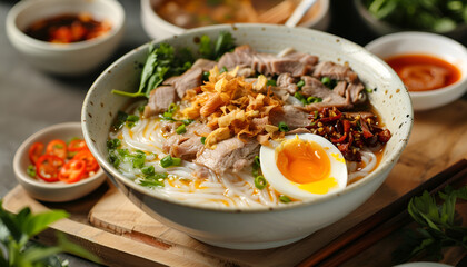Bowl of delicious rice noodle soup with meat and egg on wooden board, closeup