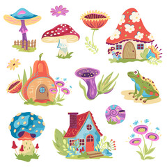 Vector set of cute vintage cottagecore mushrooms and flowers design elements. Fairy frog, fly agaric, fungi and toadstools, fairy tale houses cartoon illustrations. Magic forest Goblincore aesthetic