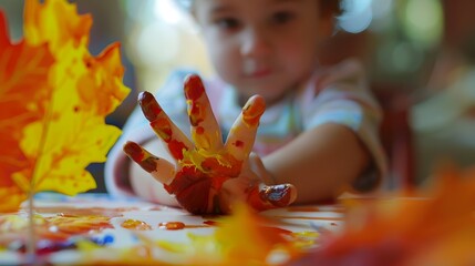 Cheerful Child Making Handprint Turkey Craft for Thanksgiving Holiday
