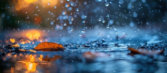 Fototapeta premium Close up of raindrops falling to the ground in the rainy season