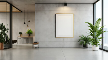 Fototapeta premium Modern minimalistic interior with large vertical blank frame on concrete wall, indoor plants, and wooden table with stools.