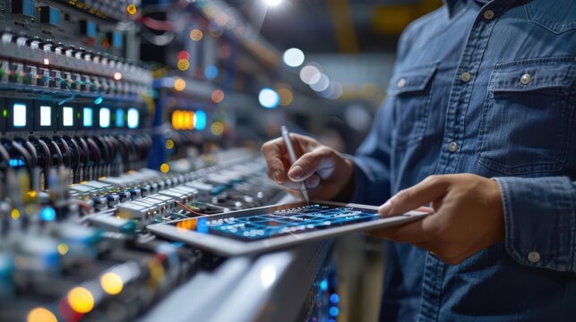 An engineer inspecting a control panel in a factory, using a tablet to record data.  The image emphasizes technology in manufacturing.