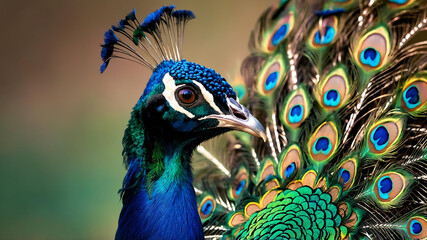 A resplendently regal peacock with vibrant, multicolored plumage that shimmers in the light, showcasing shades of blues, greens, and purples.