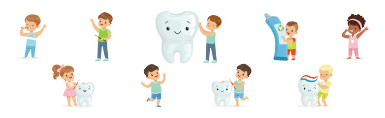 Kids Brushing Teeth Enjoy Oral Hygiene Routine Vector Set