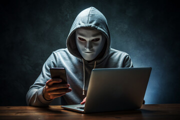 Anonymous computer hacker in white mask and hoodie with laptop. Masked criminal scammer hacking netowrk system at night. Internet attack, darknet and cyber security concept. Internet fraud or scams