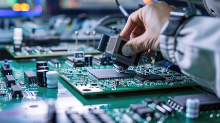 Obraz premium A technician using an automated optical inspection machine to detect defects in circuit boards and solder joints with precision.