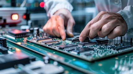 Fototapeta premium A technician using an automated optical inspection machine to detect defects in circuit boards and solder joints with precision.