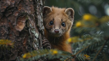 pine marten climbing a tree