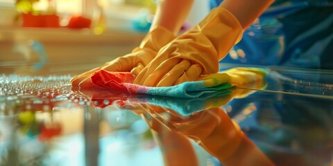 High-quality image of hands wearing rubber gloves while cleaning a surface, perfect for hygiene and cleanliness promotions.
