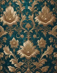 Elegant brocade fabric with golden floral patterns on a rich teal background, showcasing luxurious and intricate craftsmanship, Generative AI.