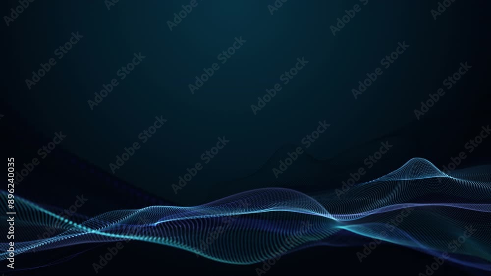 Poster Futuristic video animation with particle wave object in slow motion and space for text, 4096x2304 loop 4K