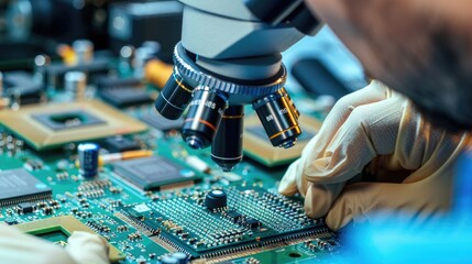 A technician using an electron microscope to inspect computer chips for microscopic defects and imperfections.