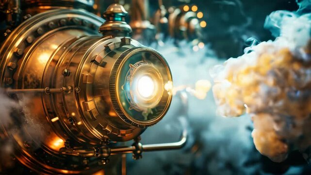 Fantasy steampunk machine surrounded by steam