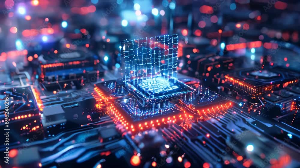 Poster close up of an advanced microchip with data flowing through it