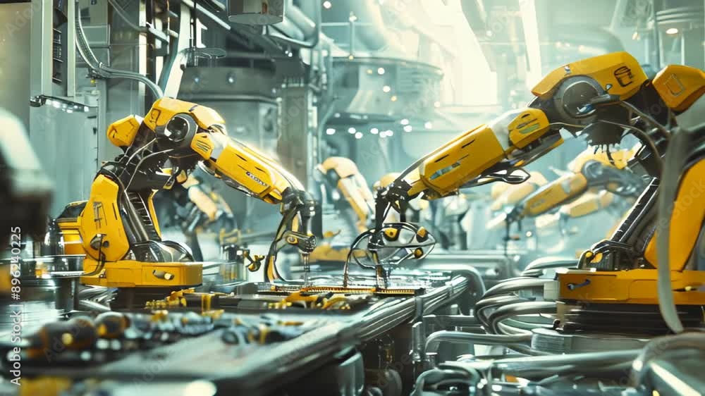 Poster a high-tech factory with robotic arms working on circuit boards