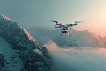 Fototapeta na wymiar Aerial view of a small drone flying over a snow-covered mountain, with scenic winter landscape in the background