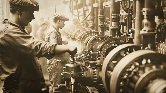 Vintage sepia image of workers in an industrial factory