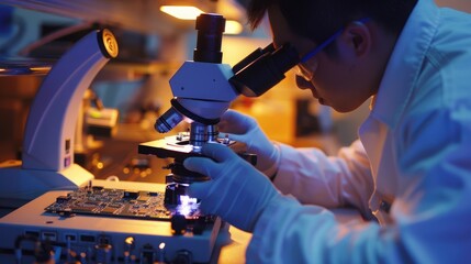 A technician using an electron microscope to inspect computer chips for microscopic defects and imperfections.
