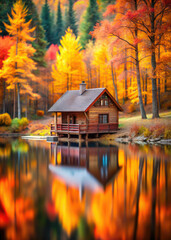 Fototapeta premium lake in the autumn forest, fall, yellow, red trees, foliage, leaves, water, pond, river, reflection, background, wallpaper, October, season, landscape, nature, beauty, travel, tourism, wood