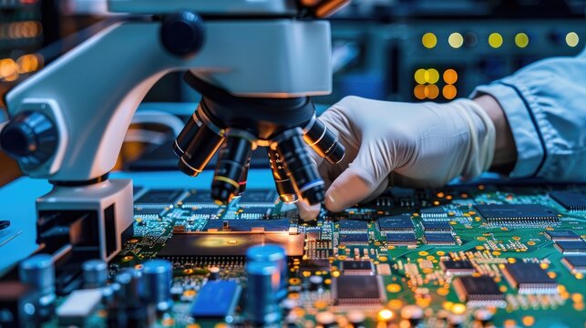 A technician using an electron microscope to inspect computer chips for microscopic defects and imperfections.