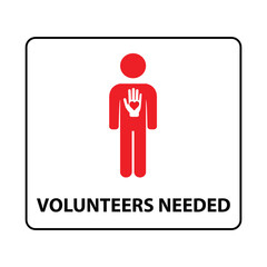 Red silhouette of a person in a rectangle with the text volunteers needed