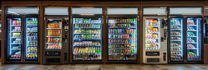 Fototapeta premium A wide-angle view of a modern convenience store featuring numerous vending machines filled with an assortment of snacks, drinks, and other goods
