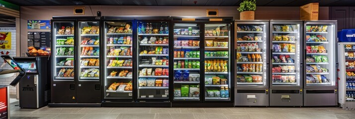 A convenience store interior featuring multiple rows of vending machines stocked with a variety of snacks, beverages, and food items