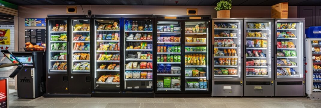 A convenience store interior featuring multiple rows of vending machines stocked with a variety of snacks, beverages, and food items