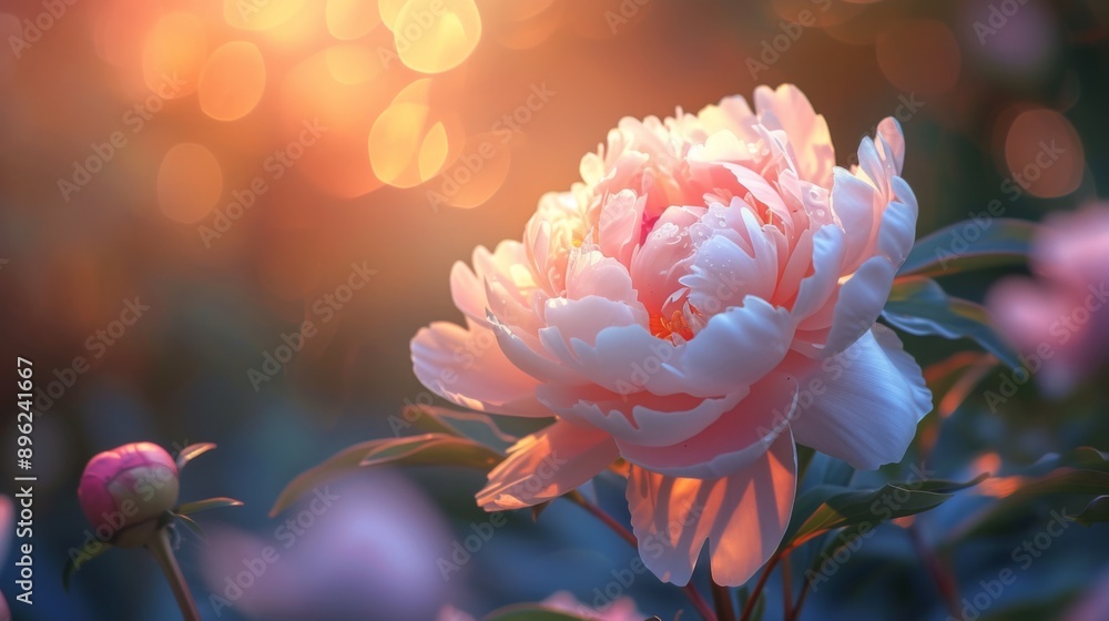 Poster Beauty of a pink peony flower illuminated by the soft spring sunlight