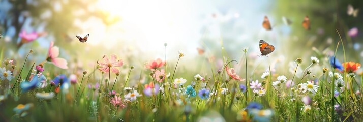 A close-up view of a vibrant meadow filled with colorful wildflowers and butterflies fluttering through the sun-drenched grass © Elmira