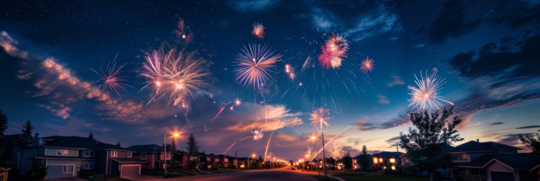 Colorful fireworks explode in the night sky over a suburban neighborhood with houses and streetlights