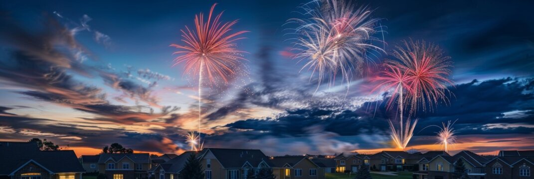 A close-up view of colorful fireworks exploding in the night sky above a suburban neighborhood