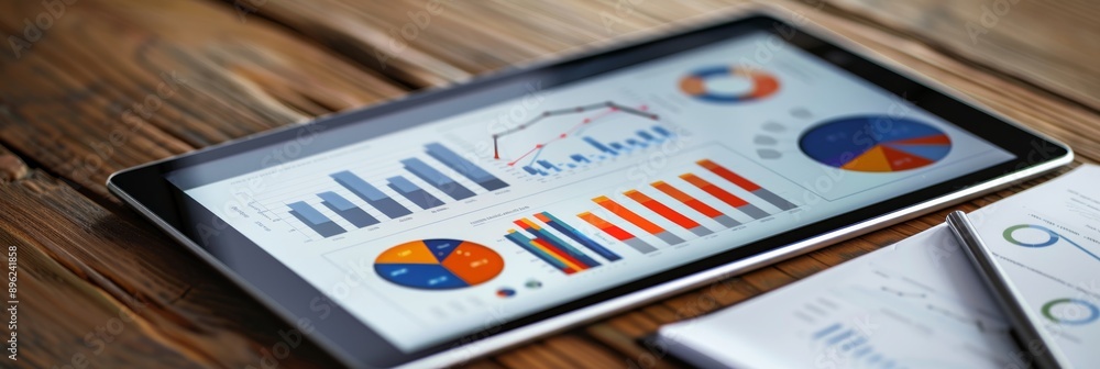 Poster a sleek tablet rests on a wooden surface, displaying a detailed data analytics application with colo