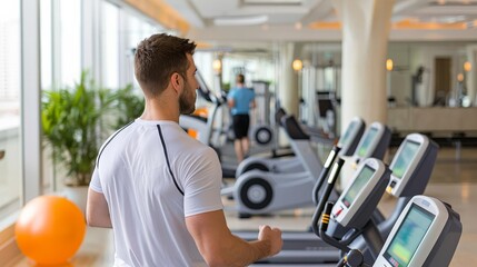 Fototapeta premium Fitness trainer leading a workout session in the hotel gym, hotel service, active lifestyle