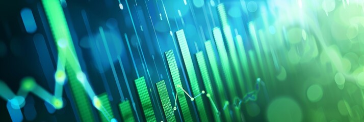 A close-up image of a digital bar graph with green bars and a blue background. The bars represent financial growth trends