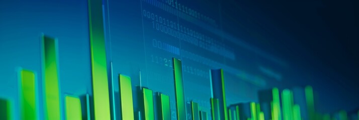 A digital bar graph displays upward financial growth trends, featuring green bars against a blue background
