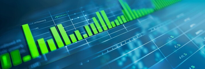 A close-up shot of a digital bar graph displaying upward financial trends against a blue background