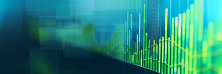 A close-up of a digital bar graph displayed on a screen, showing financial growth trends with green bars on a blue background
