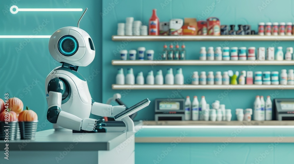 Poster Robot shopkeeper behind the counter in a modern store with teal accents. Advanced AI technology in retail environments.