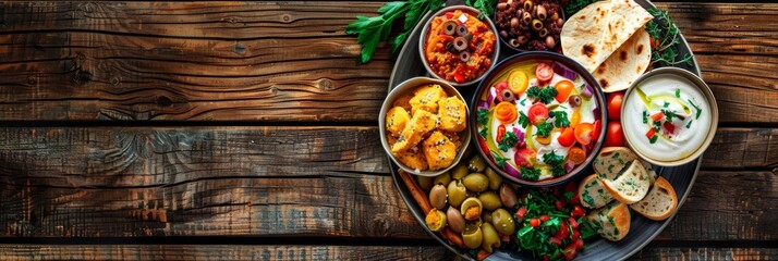 Fototapeta premium A platter of Mediterranean appetizers including hummus, falafel, olives, and pita bread. The platter is arranged on a rustic wooden table