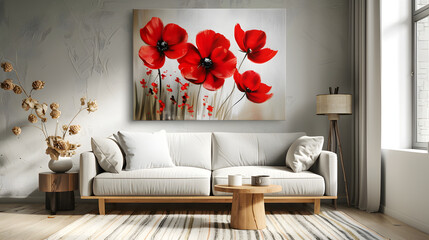  red flowers in interior on wall