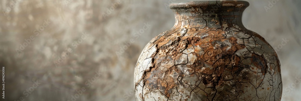 Poster a close-up photograph of an ancient, weathered ceramic vase with intricate patterns and visible crac