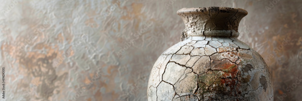 Poster a close-up of a weathered ceramic vase with intricate patterns and visible cracks, positioned agains