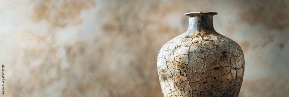 Poster close-up of a weathered ceramic vase with cracks and patterns against a neutral background, creating