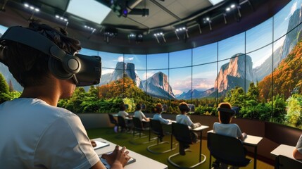 A virtual classroom environment where students from around the world engage in immersive learning experiences using VR technology.