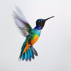 Fototapeta premium Colorful hummingbird in mid-flight isolated on white isolated white bakcground