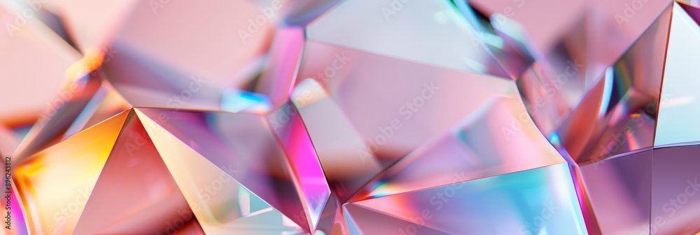 Poster a closeup of abstract geometric shapes with iridescent surfaces, creating a vibrant and colorful com