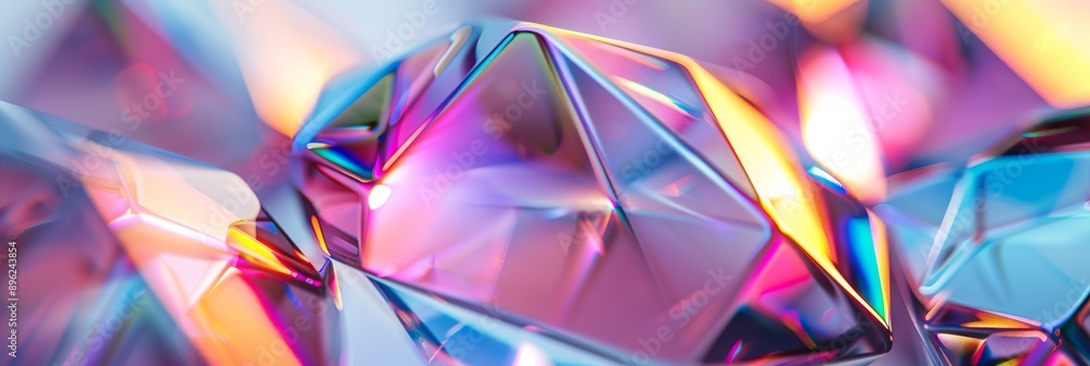 Poster closeup of colorful, abstract geometric shapes arranged for depth and dimension. iridescent surfaces