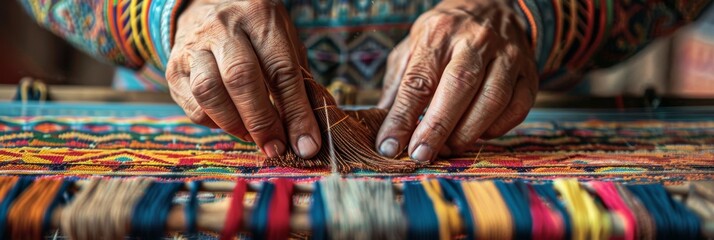 A close-up view of an artisan's hands weaving intricate patterns on a traditional loom. Vibrant yarns are used to create a beautiful and colorful tapestry